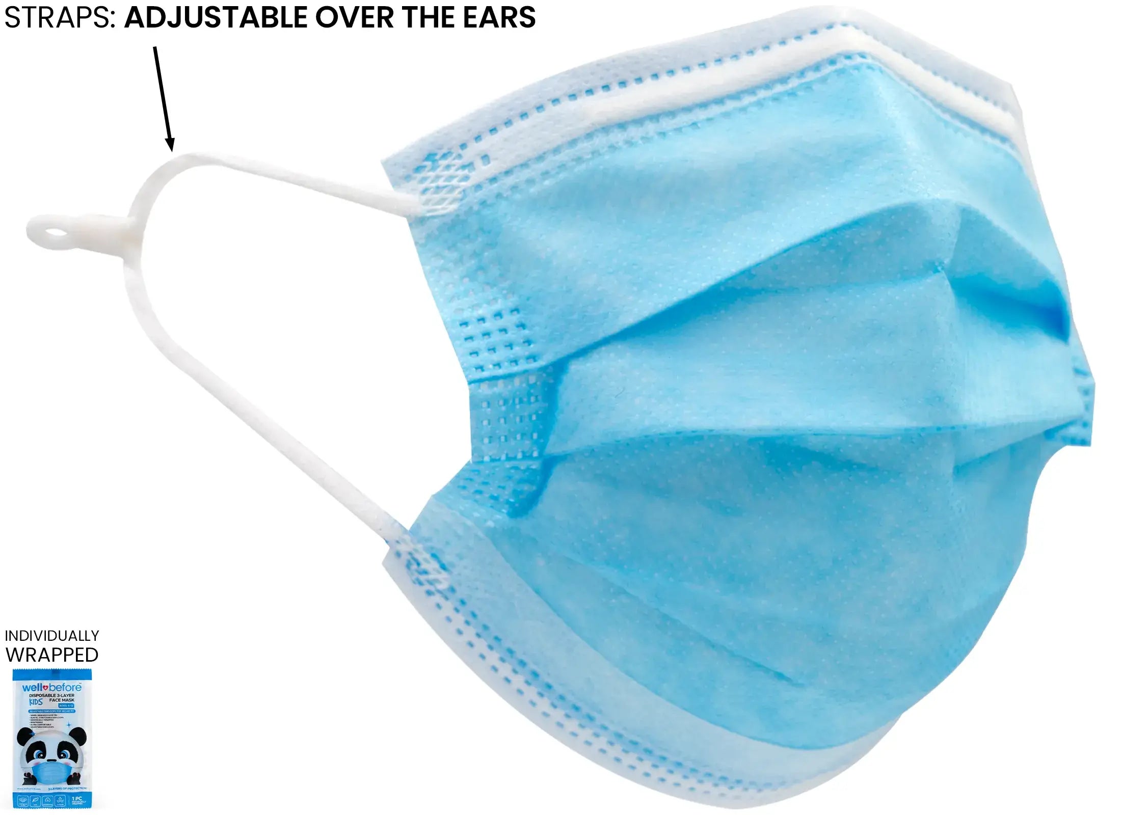 Kids Breathable 3-Ply Disposable Face Masks with Adjustable Ear Loops, Individually Wrapped