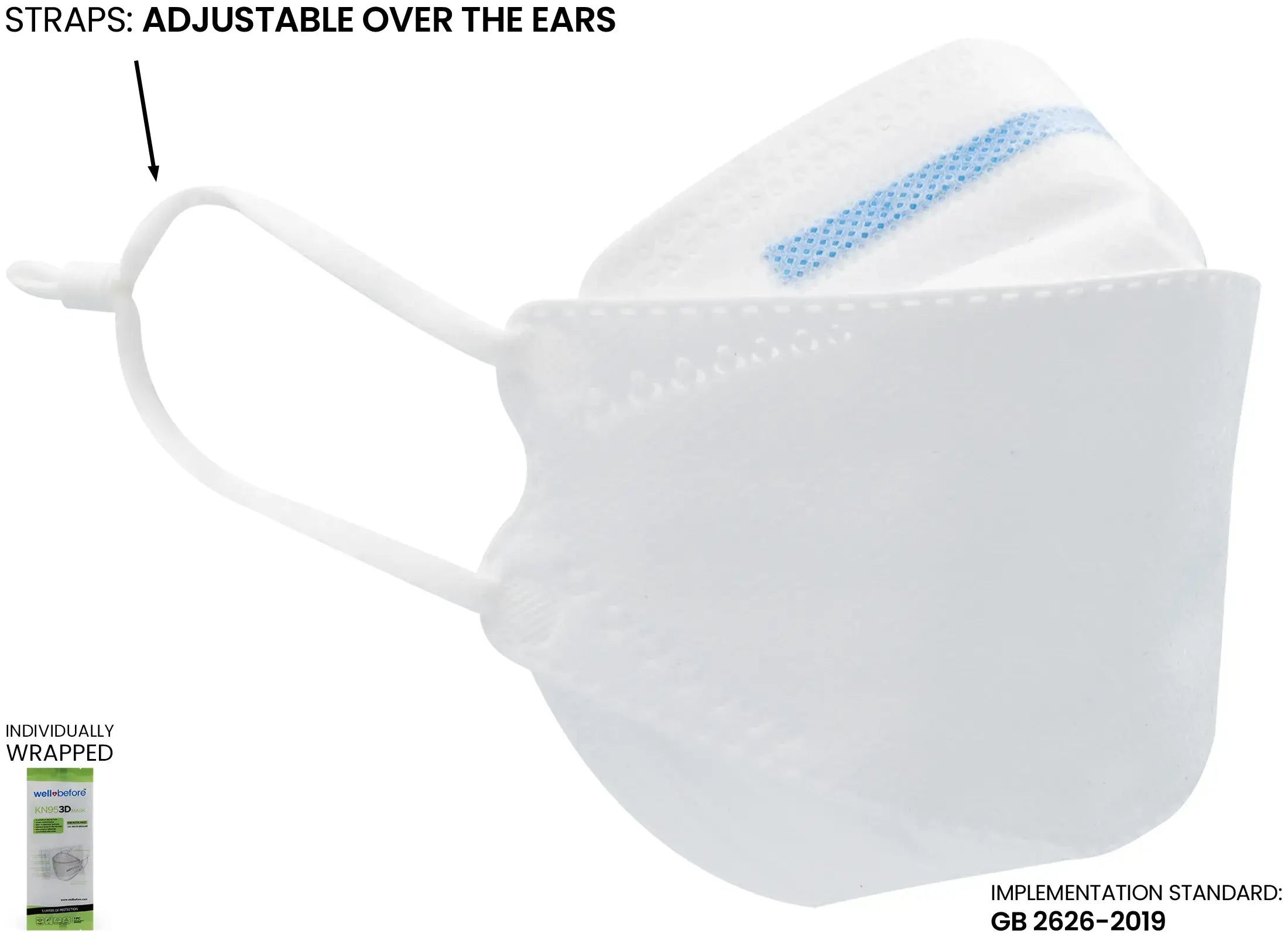 Premium Kids KN95 3D Face Masks with Adjustable Ear Loops, Individually Wrapped