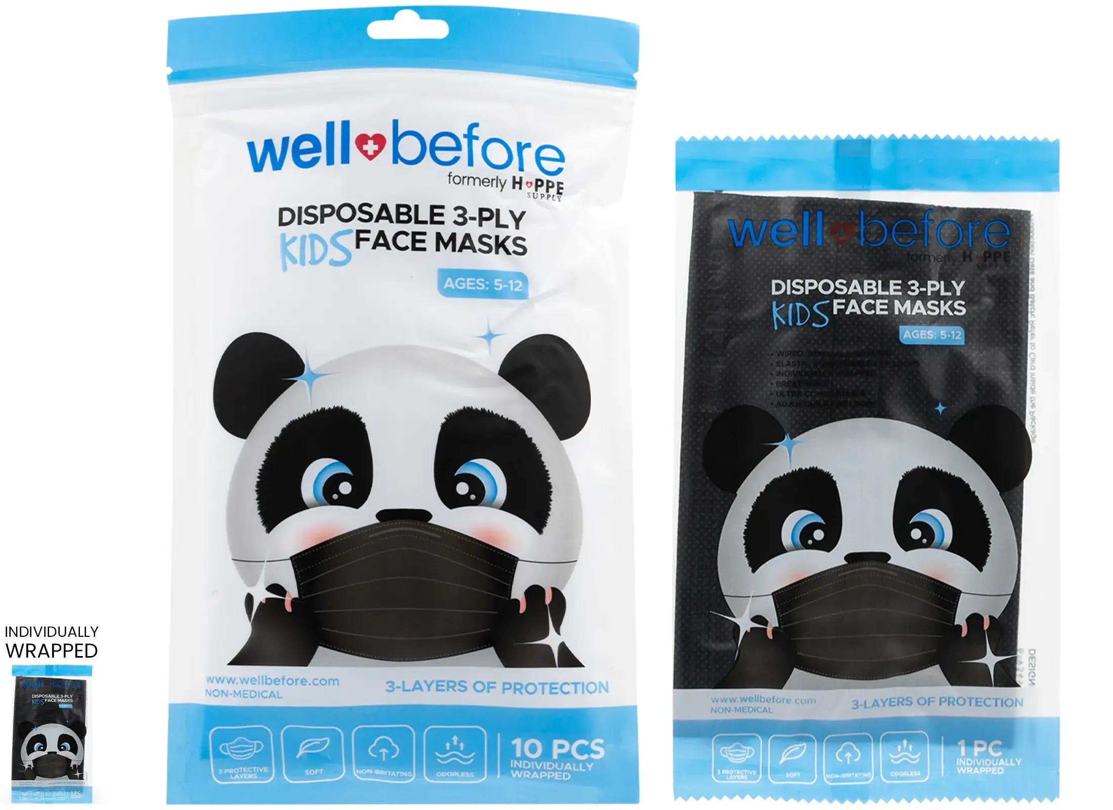 Kids Breathable 3-Ply Disposable Face Masks with Adjustable Ear Loops, Individually Wrapped
