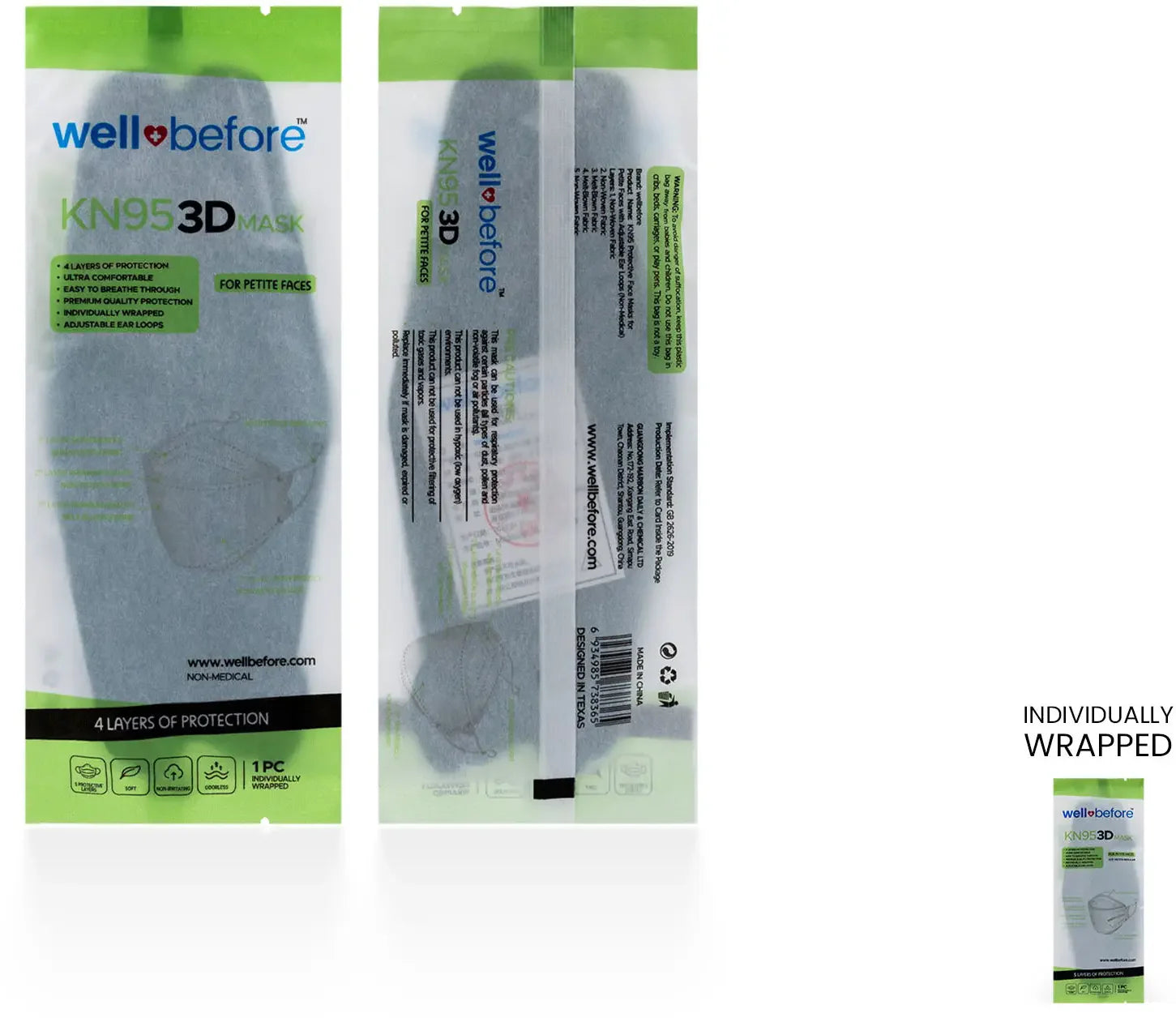 Kids 3D KN95 KF94 Style Face Mask with Adjustable Ear Loops for Petite Faces