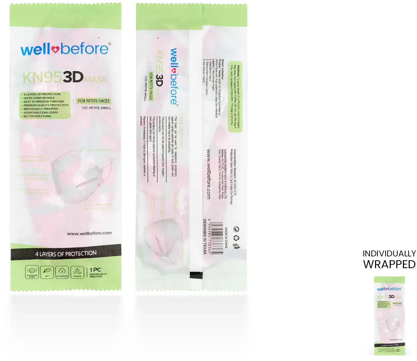 Kids 3D KN95 KF94 Style Face Mask with Adjustable Ear Loops for Petite Faces