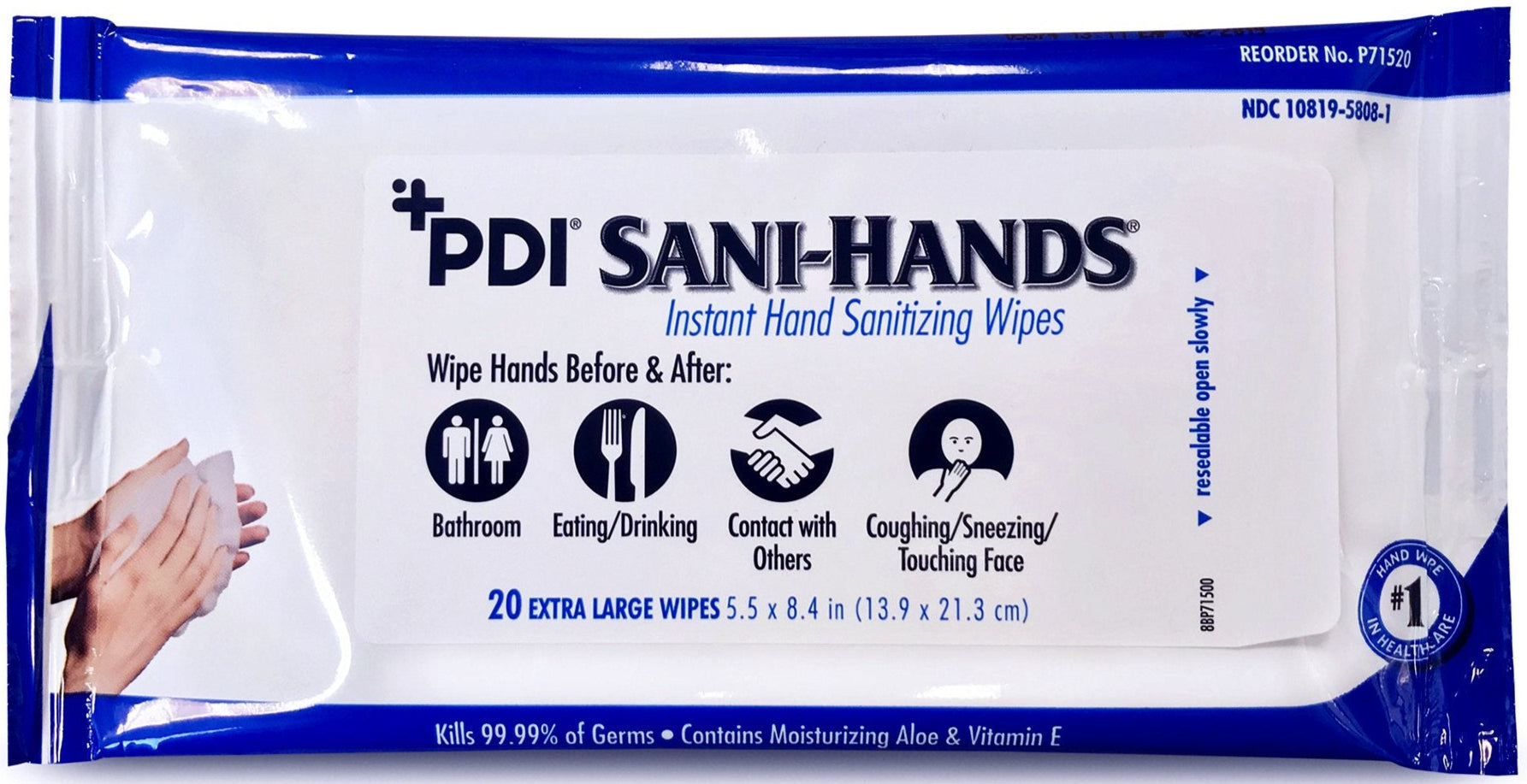 PDI Sani-Hands Instant Hand Sanitizing Wipes: Aloe & Vitamin E, 70% Alcohol Germ-Killing Formula